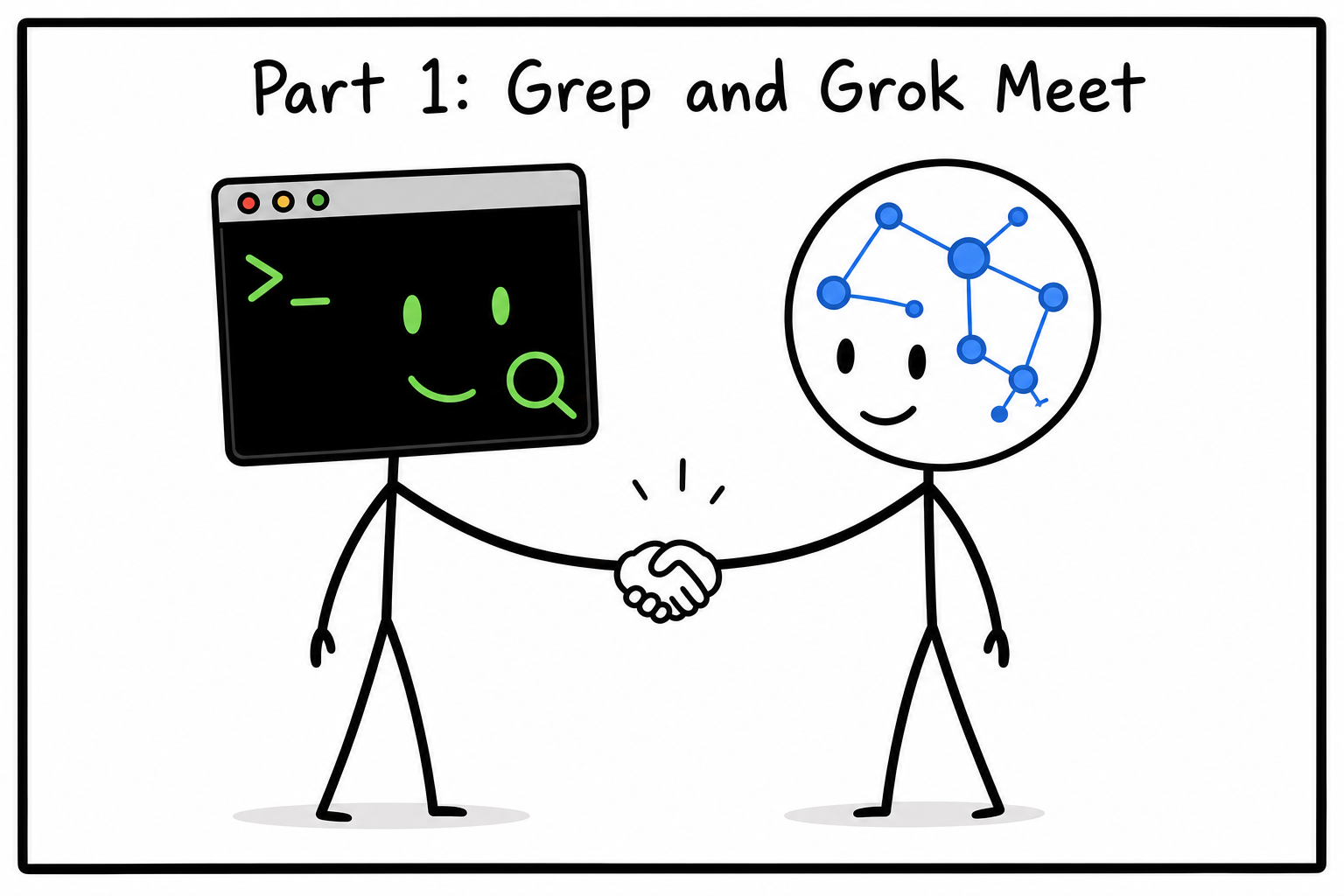 Grep and Grok shake hands in the first part of the origin story.
